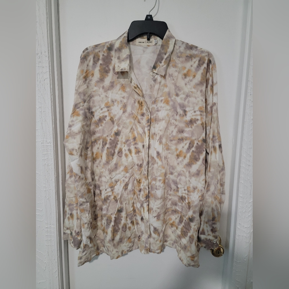 Johnny Was Calme Relaxed Boxy Button Up Shirt In Cream Tie Dye Size Small - Picture 3 of 6